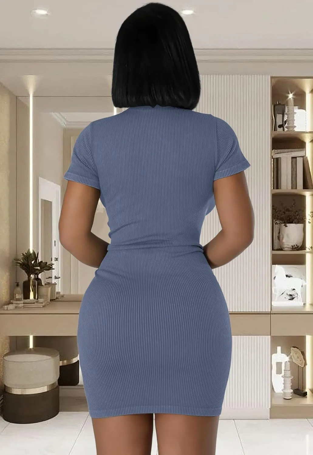Ribbed Bodycon Dresses for Women Short Sleeve Summer Zip Up Front Casual Mini Tank Dress