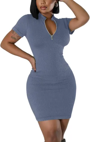 Ribbed Bodycon Dresses for Women Short Sleeve Summer Zip Up Front Casual Mini Tank Dress