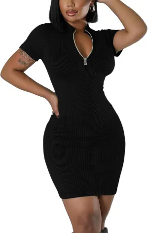 Ribbed Bodycon Dresses for Women Short Sleeve Summer Zip Up Front Casual Mini Tank Dress