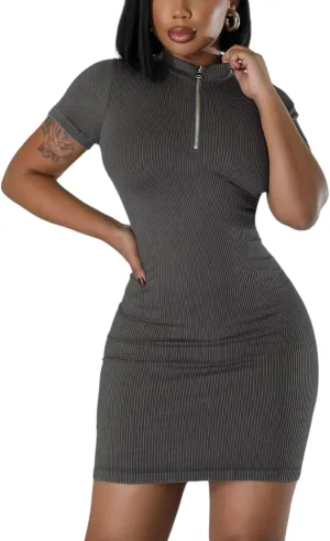 Ribbed Bodycon Dresses for Women Short Sleeve Summer Zip Up Front Casual Mini Tank Dress
