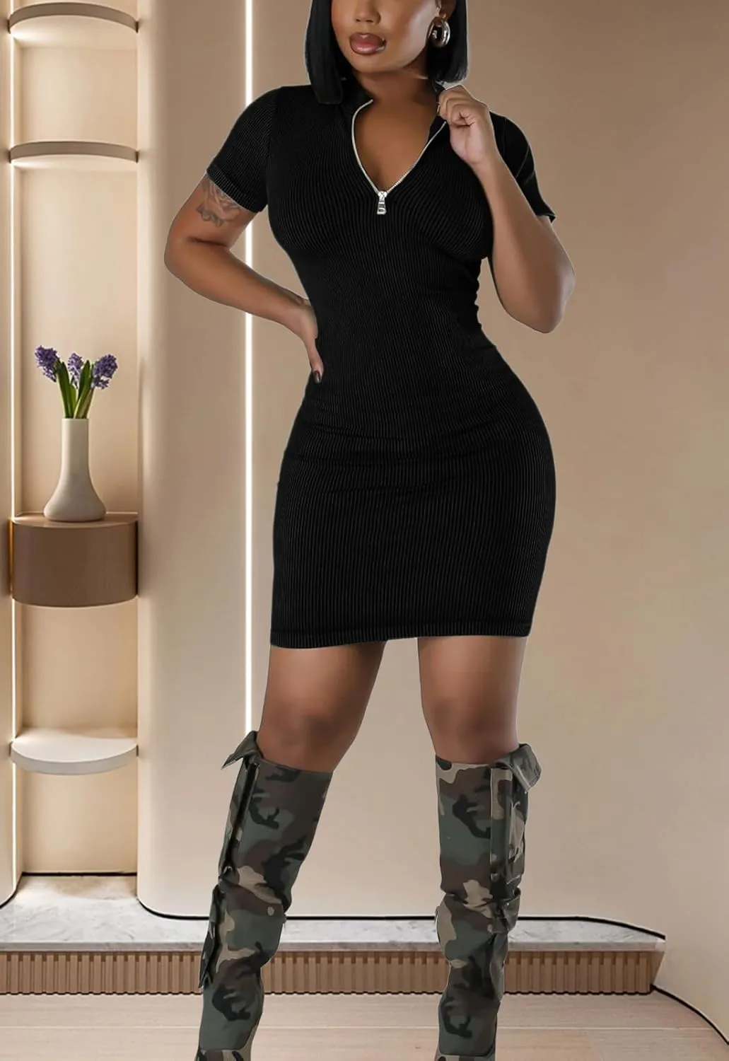 Ribbed Bodycon Dresses for Women Short Sleeve Summer Zip Up Front Casual Mini Tank Dress