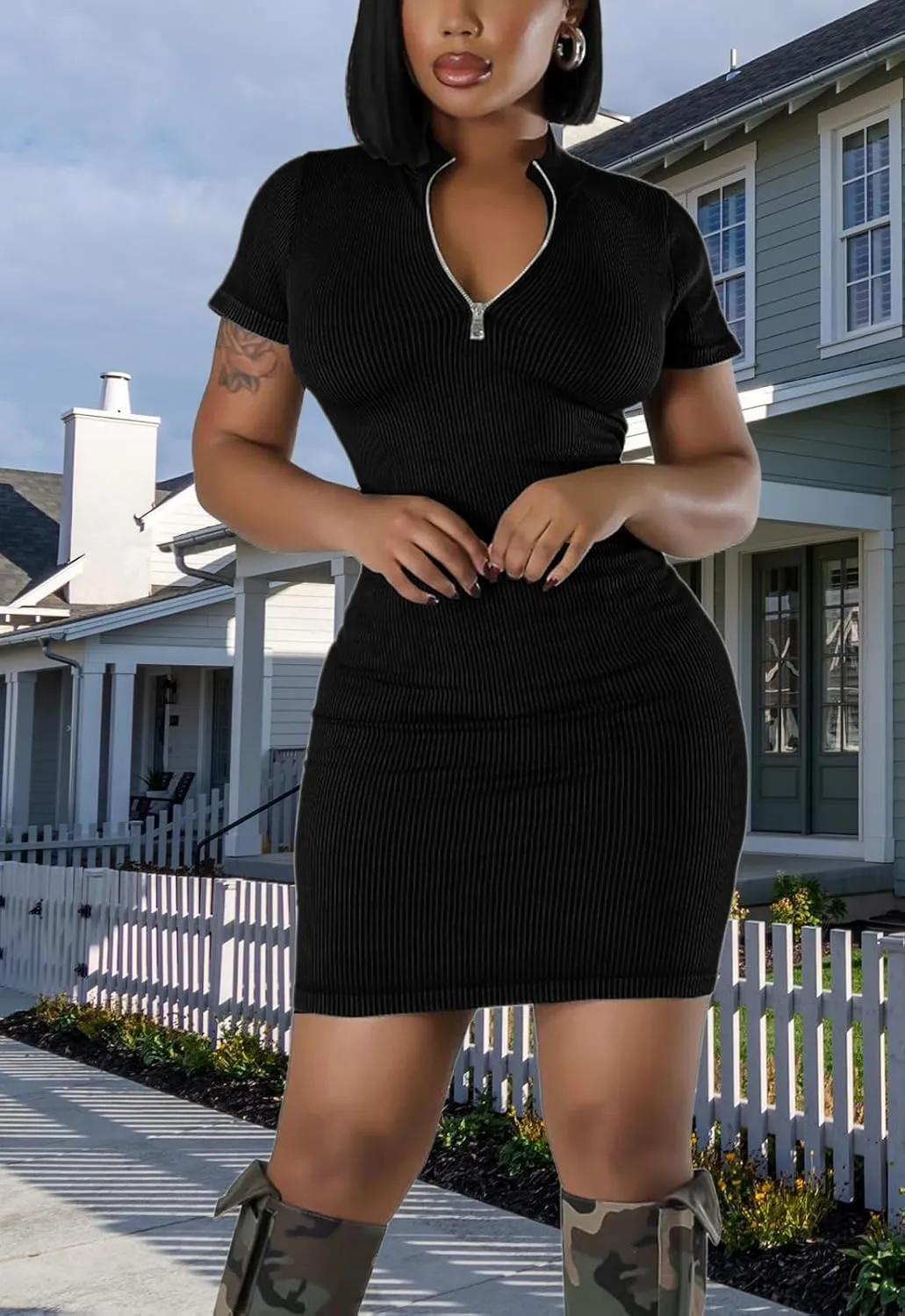 Ribbed Bodycon Dresses for Women Short Sleeve Summer Zip Up Front Casual Mini Tank Dress