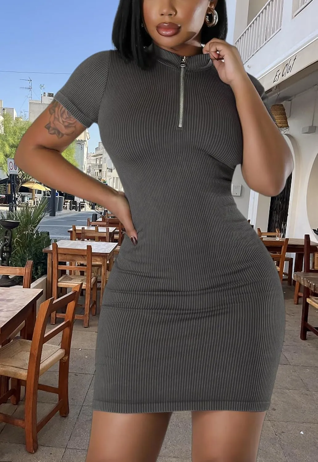 Ribbed Bodycon Dresses for Women Short Sleeve Summer Zip Up Front Casual Mini Tank Dress
