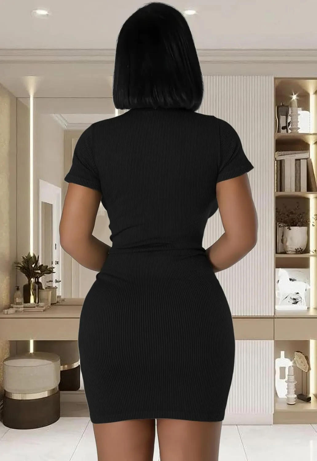 Ribbed Bodycon Dresses for Women Short Sleeve Summer Zip Up Front Casual Mini Tank Dress