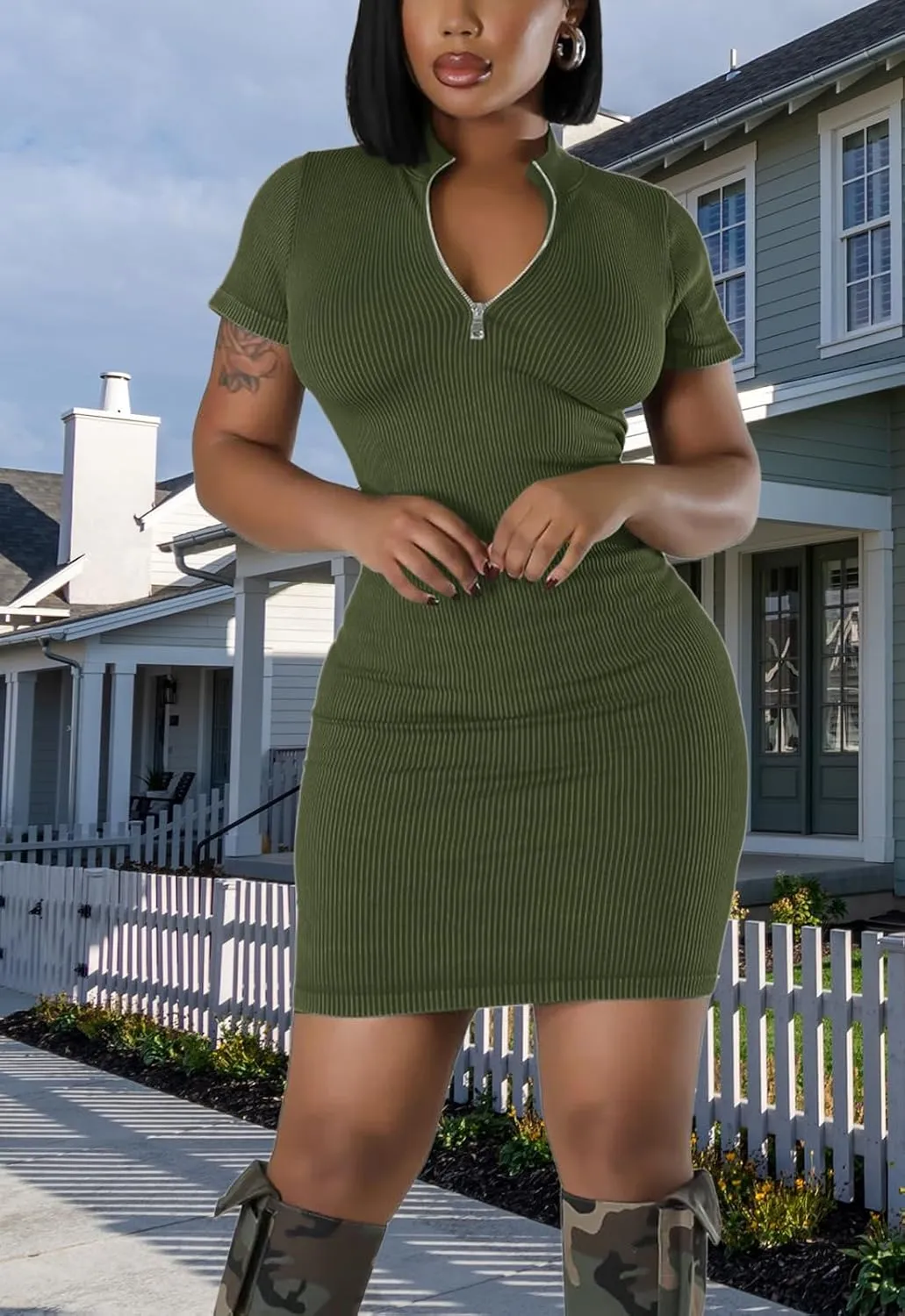 Ribbed Bodycon Dresses for Women Short Sleeve Summer Zip Up Front Casual Mini Tank Dress