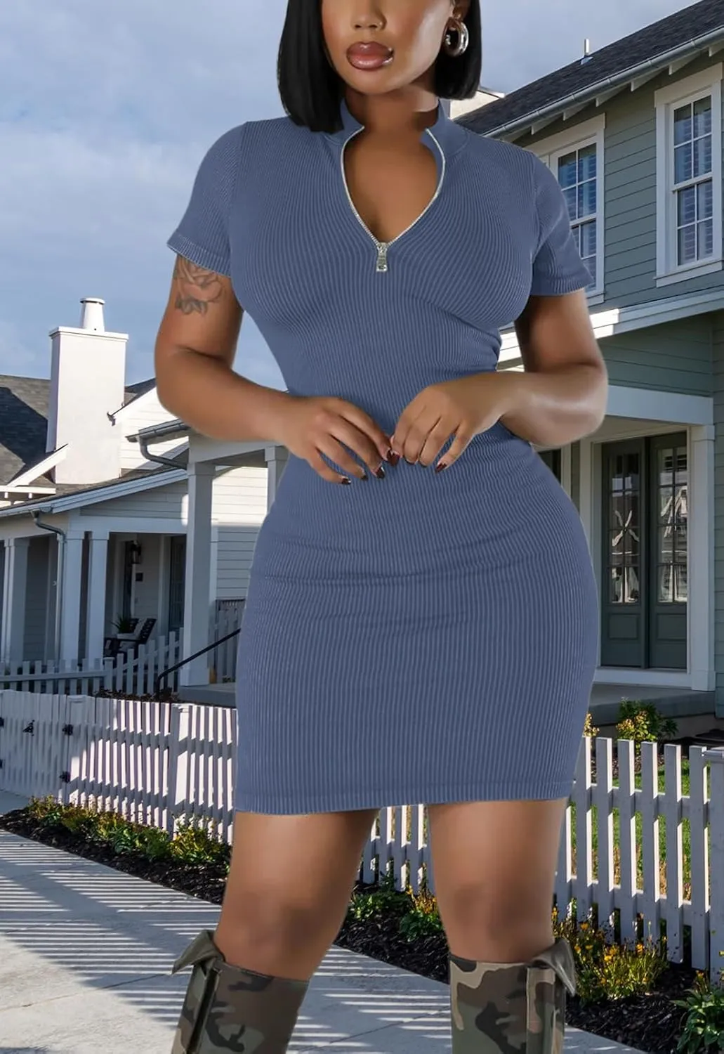 Ribbed Bodycon Dresses for Women Short Sleeve Summer Zip Up Front Casual Mini Tank Dress