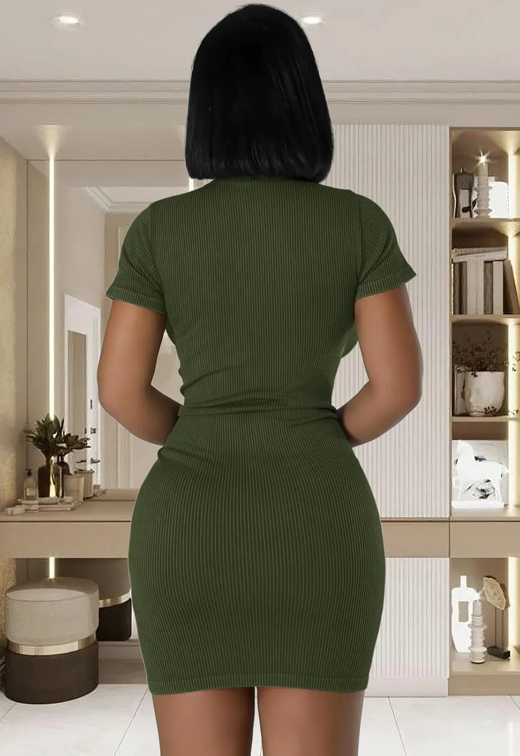 Ribbed Bodycon Dresses for Women Short Sleeve Summer Zip Up Front Casual Mini Tank Dress
