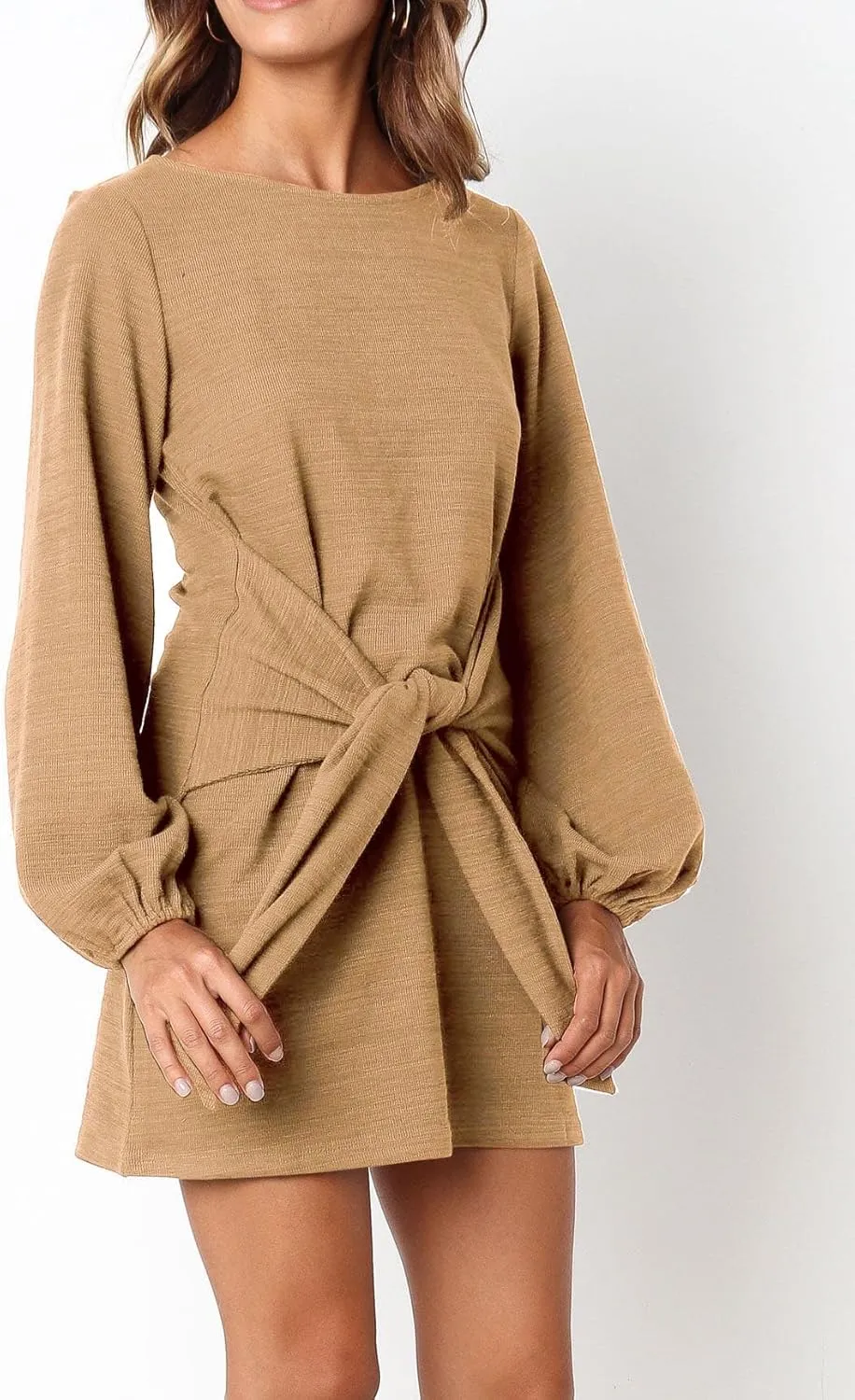 R.Vivimos Women's Autumn Winter Cotton Long Sleeves Elegant Knitted Bodycon Tie Waist Sweater Pencil Dress