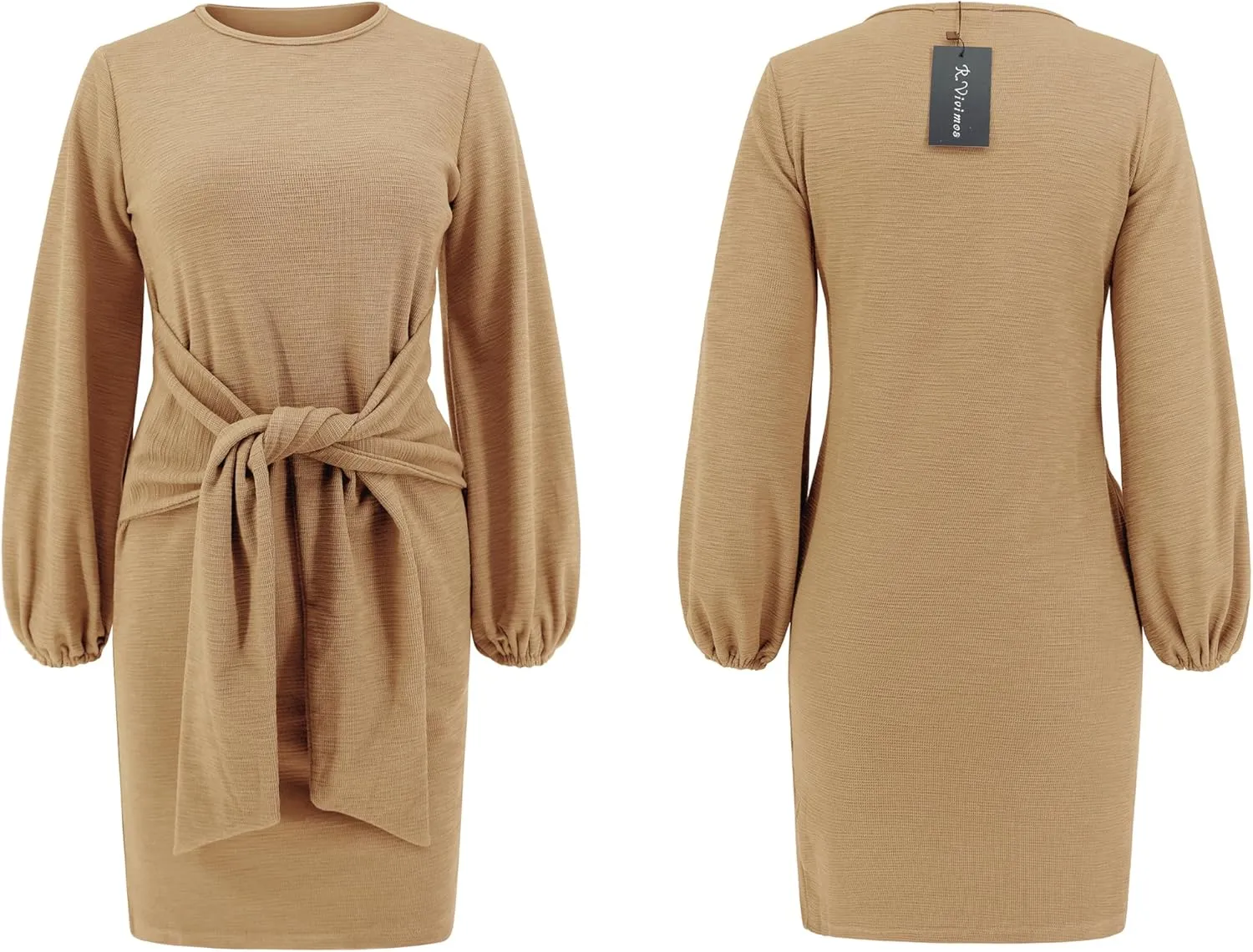 R.Vivimos Women's Autumn Winter Cotton Long Sleeves Elegant Knitted Bodycon Tie Waist Sweater Pencil Dress