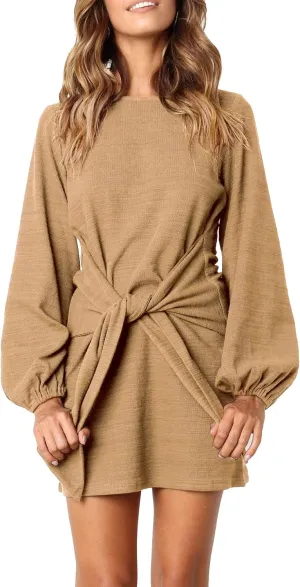 R.Vivimos Women's Autumn Winter Cotton Long Sleeves Elegant Knitted Bodycon Tie Waist Sweater Pencil Dress
