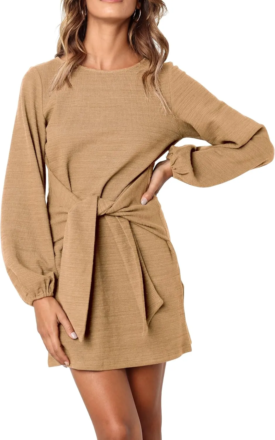 R.Vivimos Women's Autumn Winter Cotton Long Sleeves Elegant Knitted Bodycon Tie Waist Sweater Pencil Dress