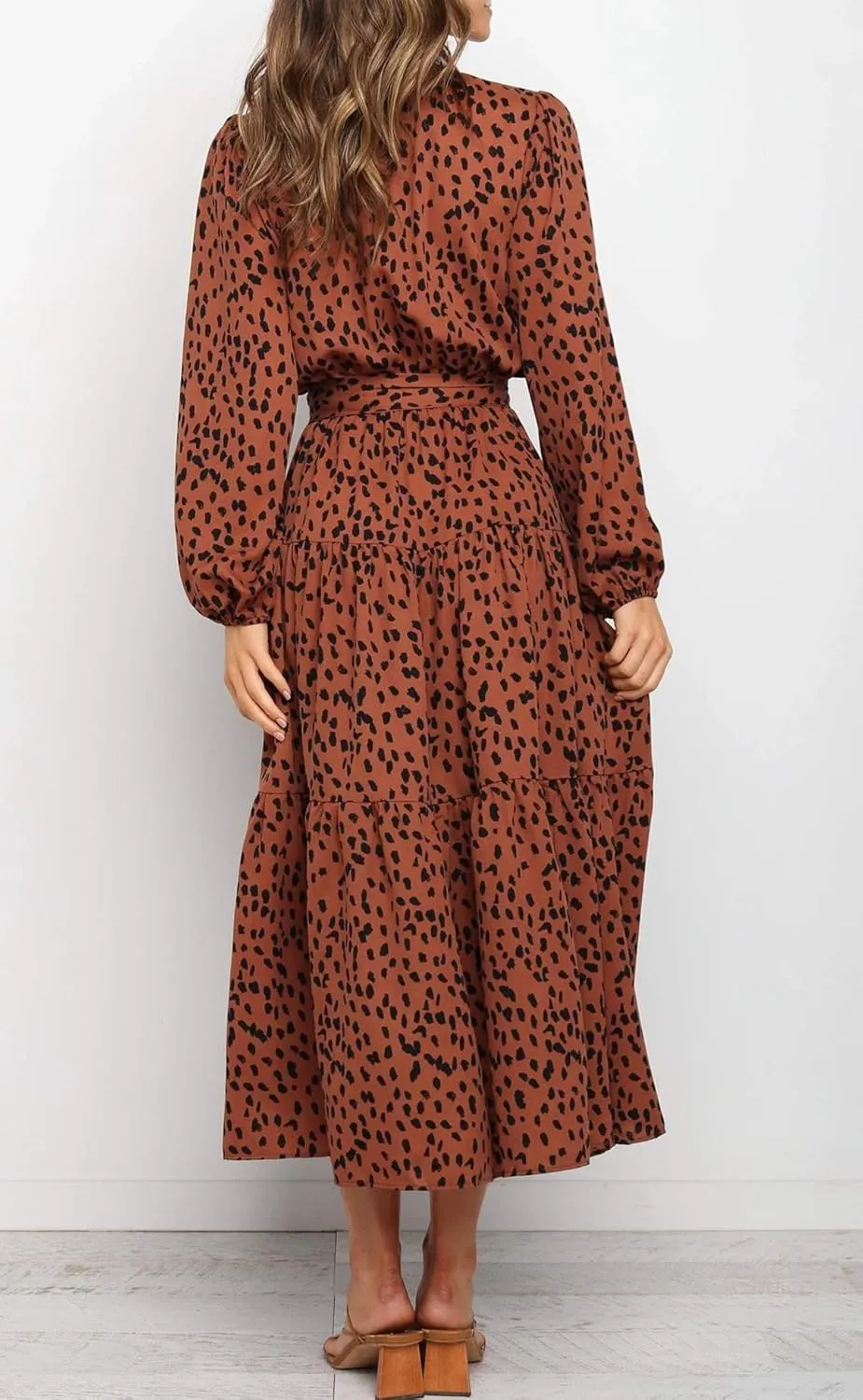 R.Vivimos Women's Fall Long Sleeve Casual Dresses Wrap V Neck Polka Dots Tiered Ruffle Flowy Midi Dress with Belt