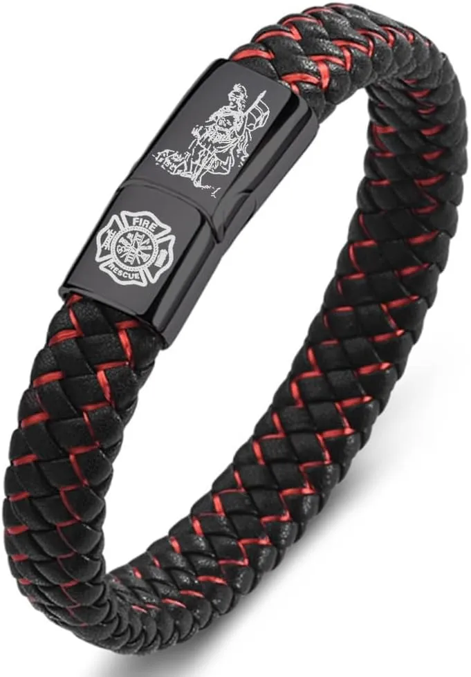 Saint St Florian Firefighter Bracelet for Men Women,Handmade Leather Saint Florian Bracelets Cuff Bangle Protection Amulet Medal Jewelry Catholic Gift