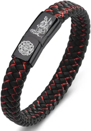 Saint St Florian Firefighter Bracelet for Men Women,Handmade Leather Saint Florian Bracelets Cuff Bangle Protection Amulet Medal Jewelry Catholic Gift