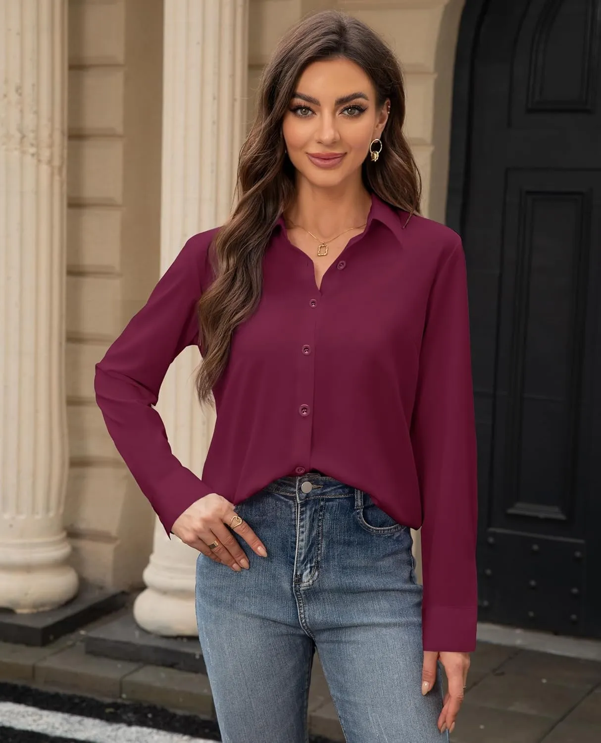 siliteelon Women's Stain Shield Dress Shirts Wrinkle Free Long Sleeve Shirts Solid Work Business Button Down Shirts