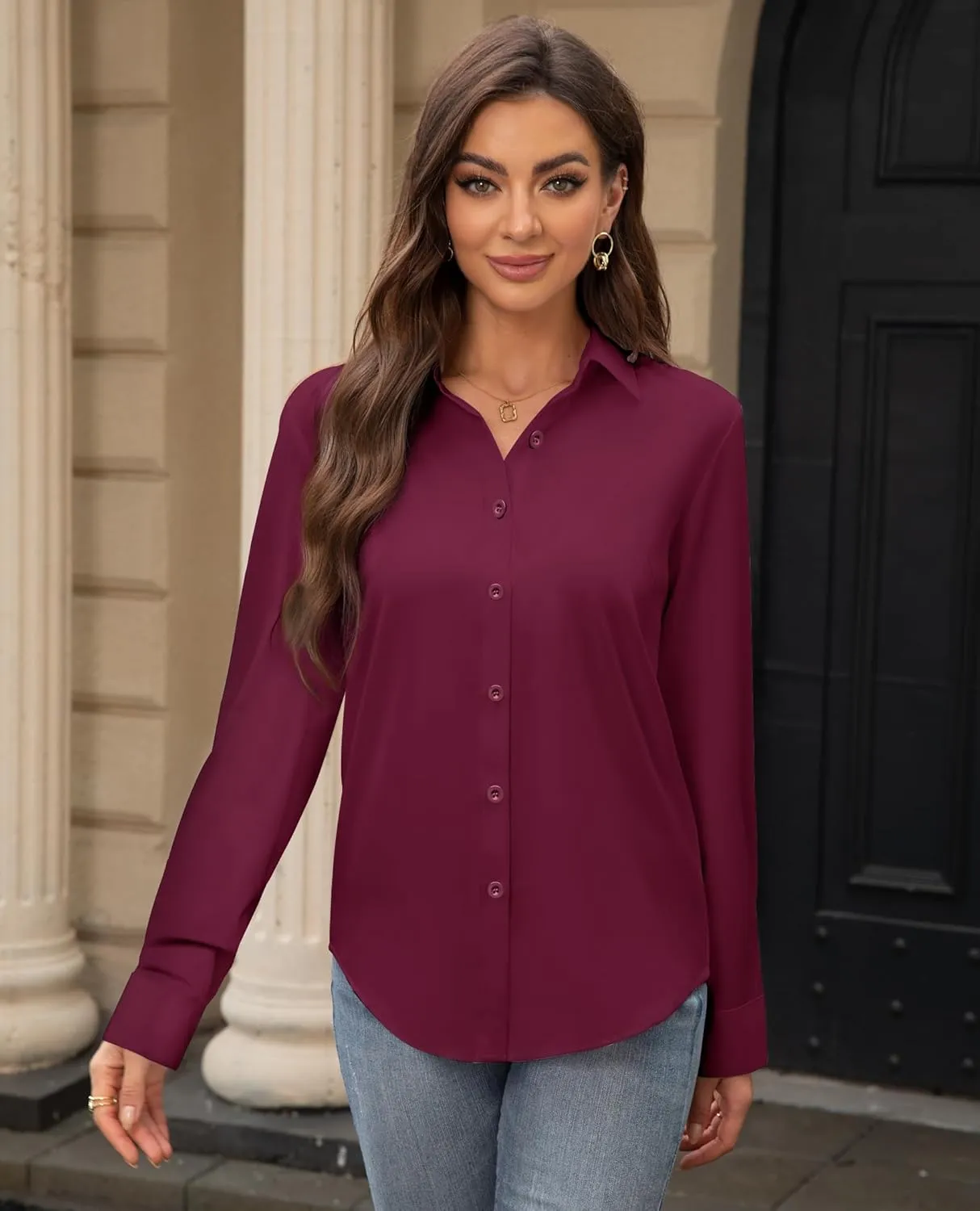 siliteelon Women's Stain Shield Dress Shirts Wrinkle Free Long Sleeve Shirts Solid Work Business Button Down Shirts