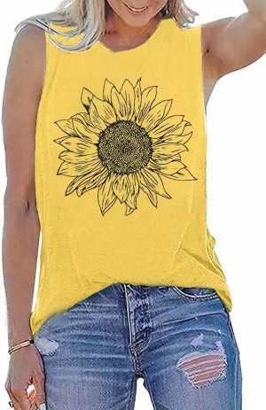 Sunflower Tank Tops Women Sunflower Graphic Tees Shirts Summer Leopard Print Sleeveless Tees Top