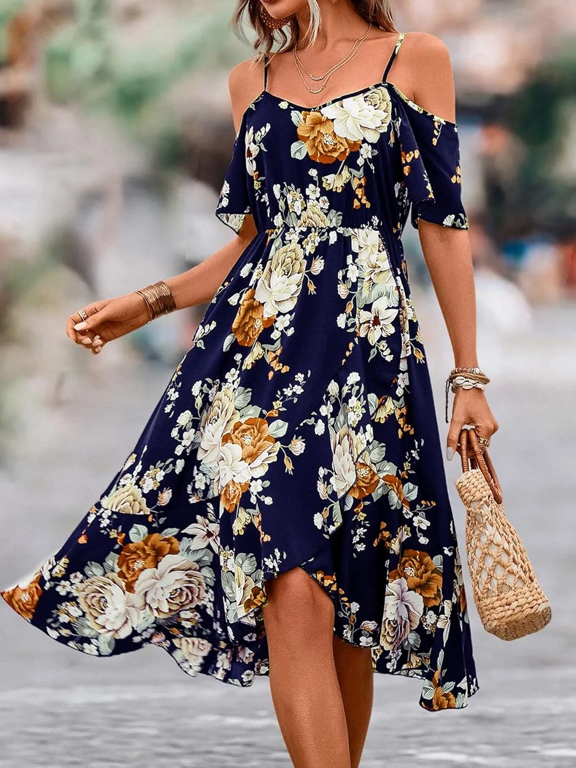 SweatyRocks Women's Floral Print Short Sleeve Cold Shoulder Dress Asymmetrical High Low Ruffle Midi Dresses