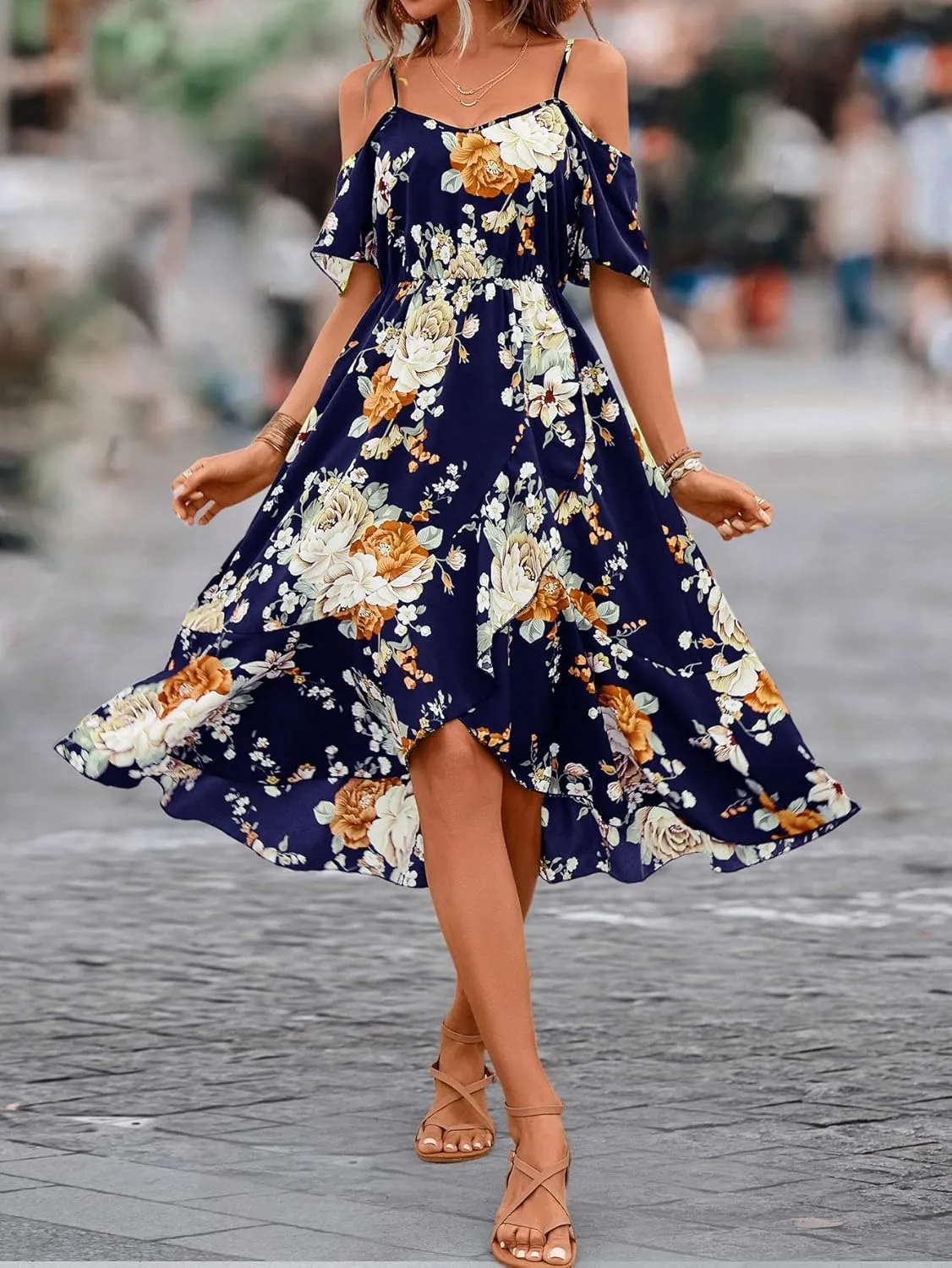 SweatyRocks Women's Floral Print Short Sleeve Cold Shoulder Dress Asymmetrical High Low Ruffle Midi Dresses