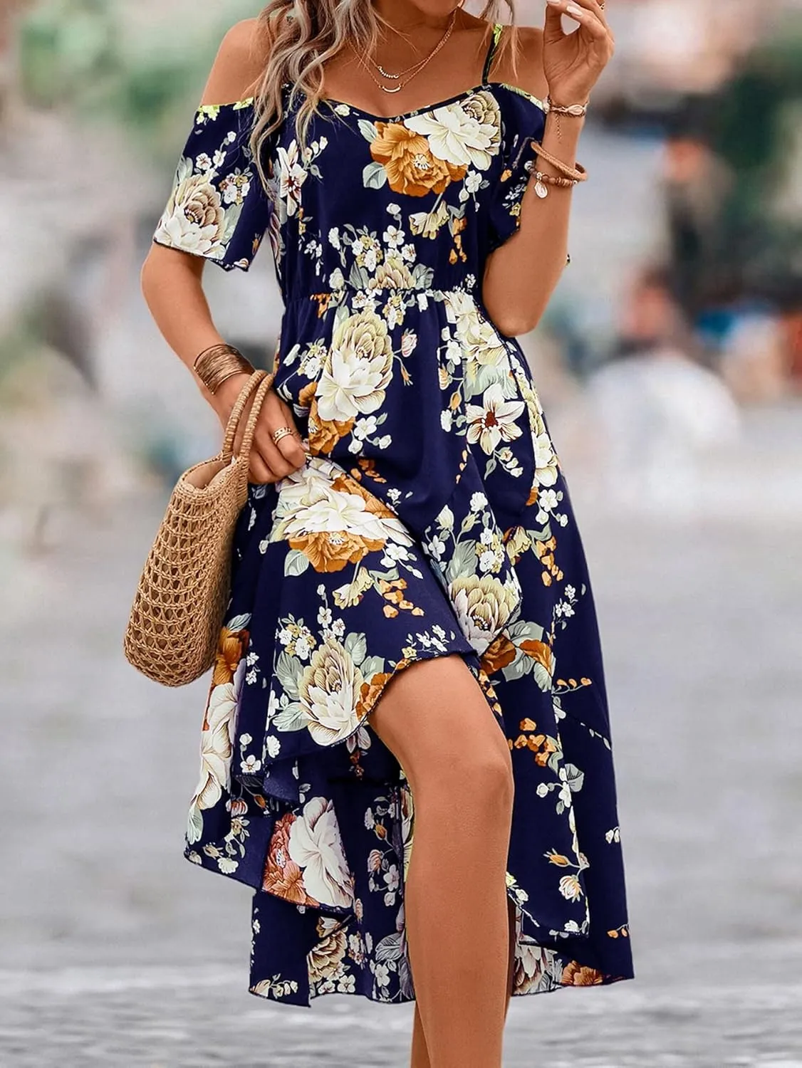 SweatyRocks Women's Floral Print Short Sleeve Cold Shoulder Dress Asymmetrical High Low Ruffle Midi Dresses