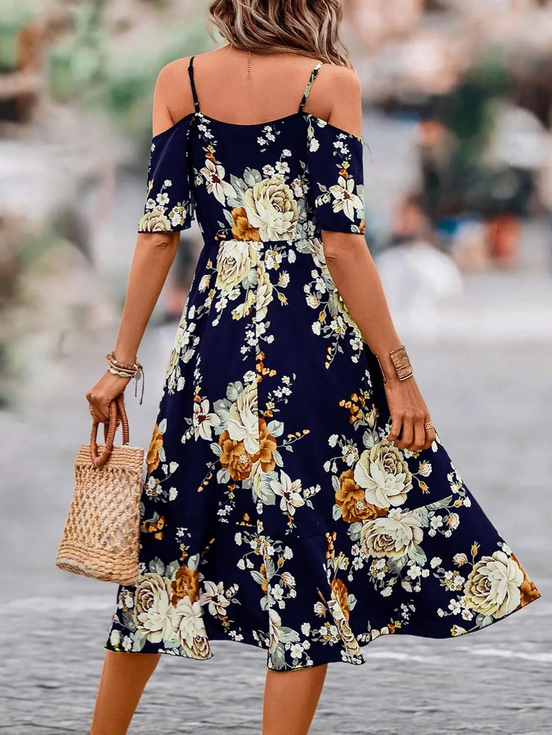 SweatyRocks Women's Floral Print Short Sleeve Cold Shoulder Dress Asymmetrical High Low Ruffle Midi Dresses