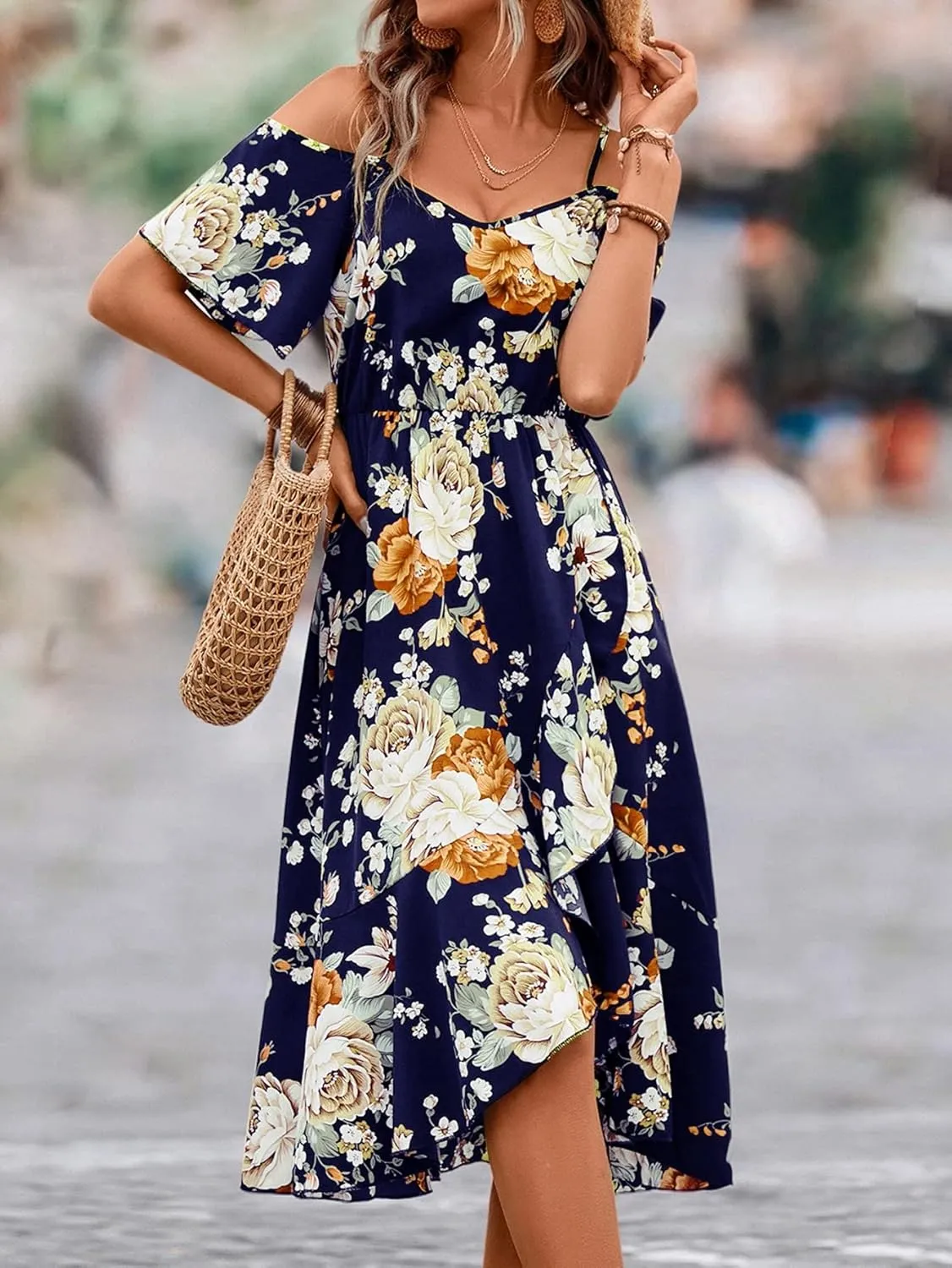 SweatyRocks Women's Floral Print Short Sleeve Cold Shoulder Dress Asymmetrical High Low Ruffle Midi Dresses