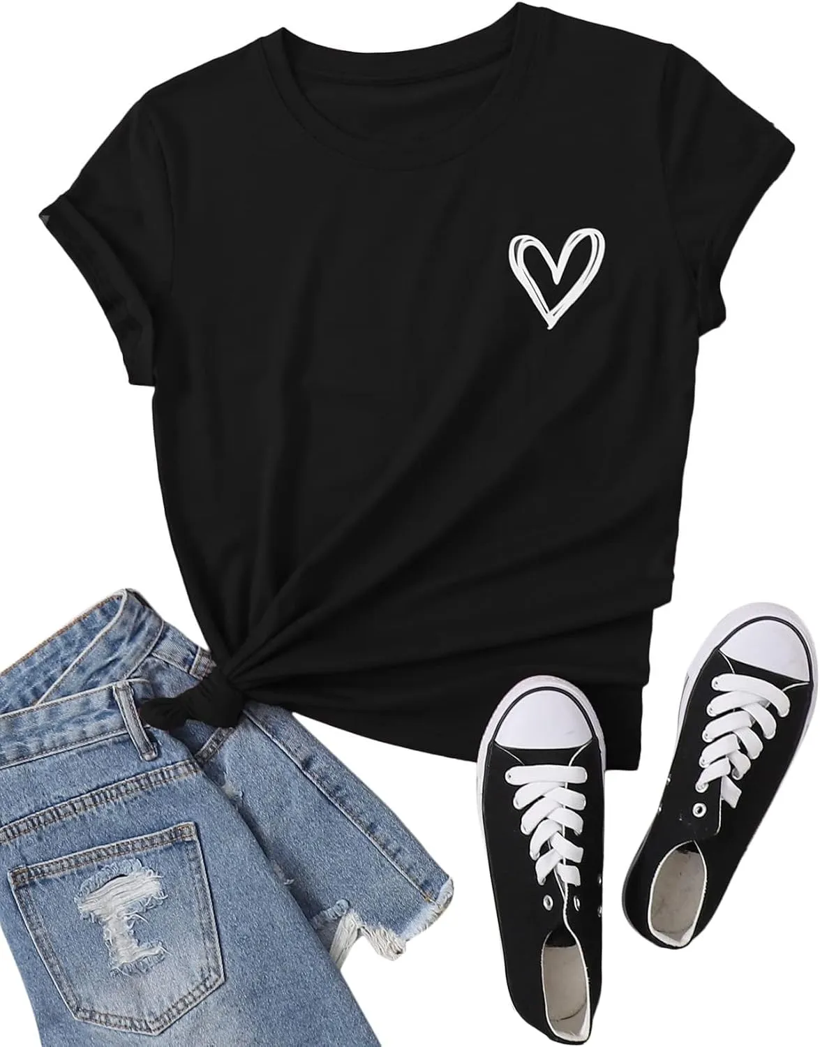 SweatyRocks Women's Heart Print T Shirts Summer Funny Short Sleeve Tops