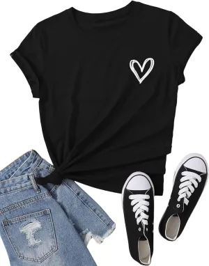 SweatyRocks Women's Heart Print T Shirts Summer Funny Short Sleeve Tops