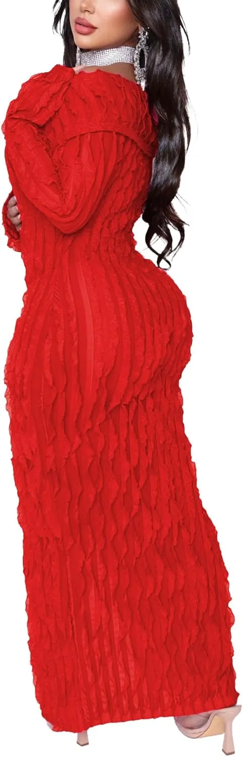 Tcremisa Women's Elegant Off Shoulder Dress Sexy Long Sleeve Button Down Ruffle Mesh Bodycon Long Dresses
