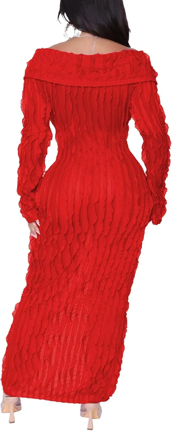 Tcremisa Women's Elegant Off Shoulder Dress Sexy Long Sleeve Button Down Ruffle Mesh Bodycon Long Dresses