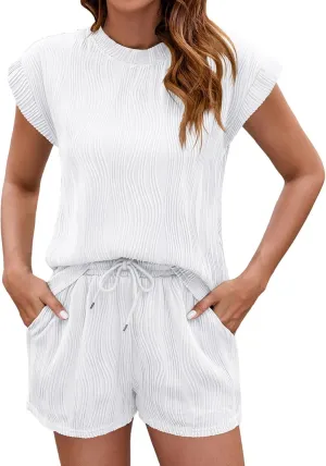 Two Piece Sets for Women Summer Lounge Set Casual Cap Sleeve Crewneck Tops and Drawstring Shorts with Pockets