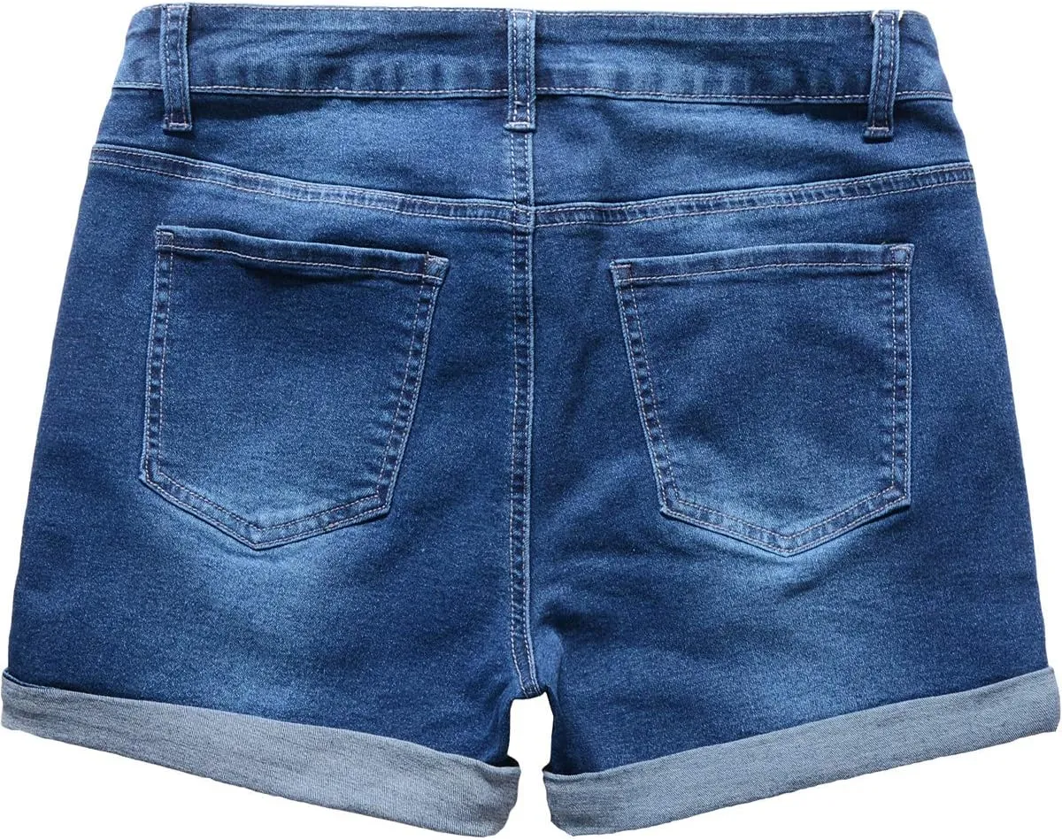 vanberfia Women's Stretchy Denim Mid Rise Jean Shorts with Pockets
