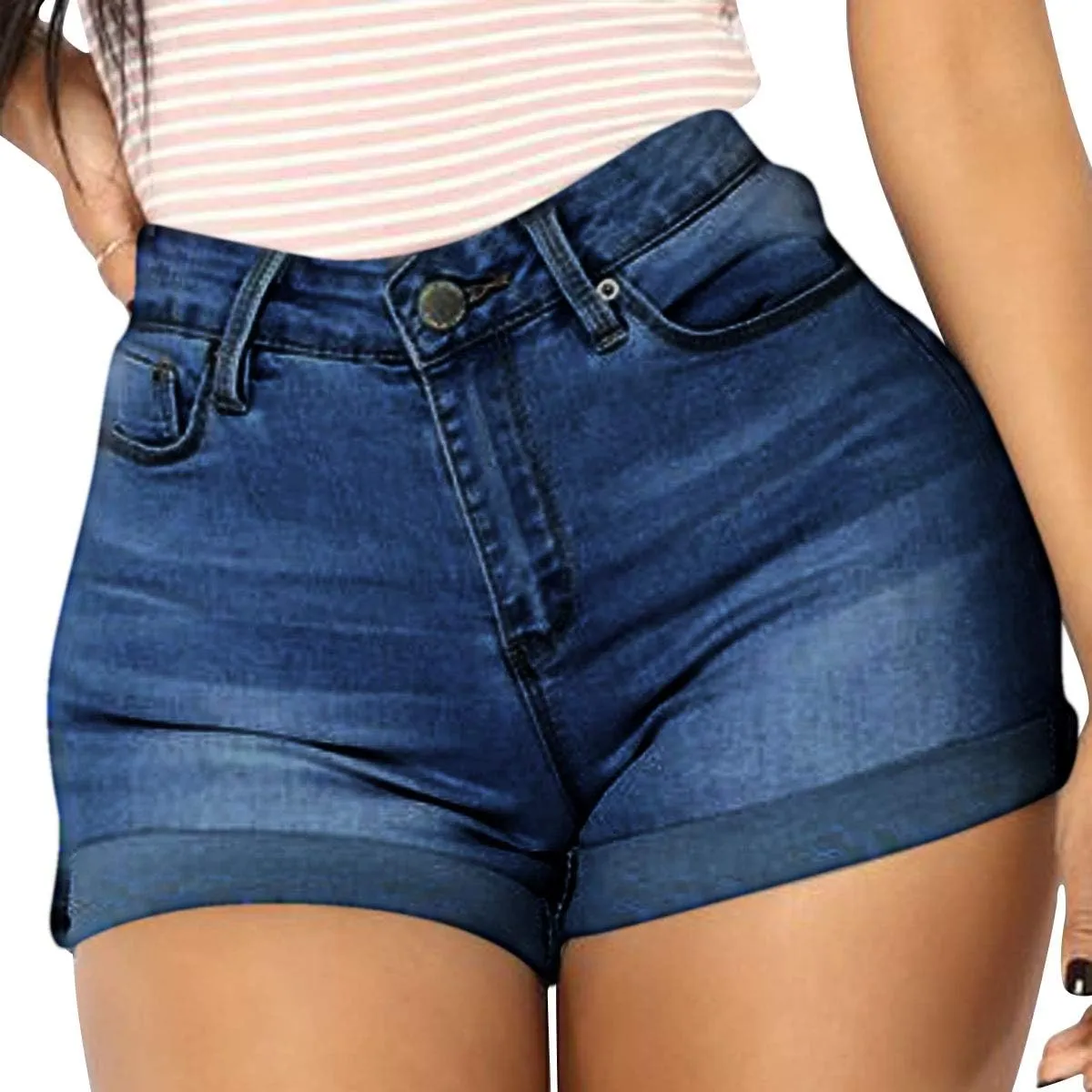 vanberfia Women's Stretchy Denim Mid Rise Jean Shorts with Pockets