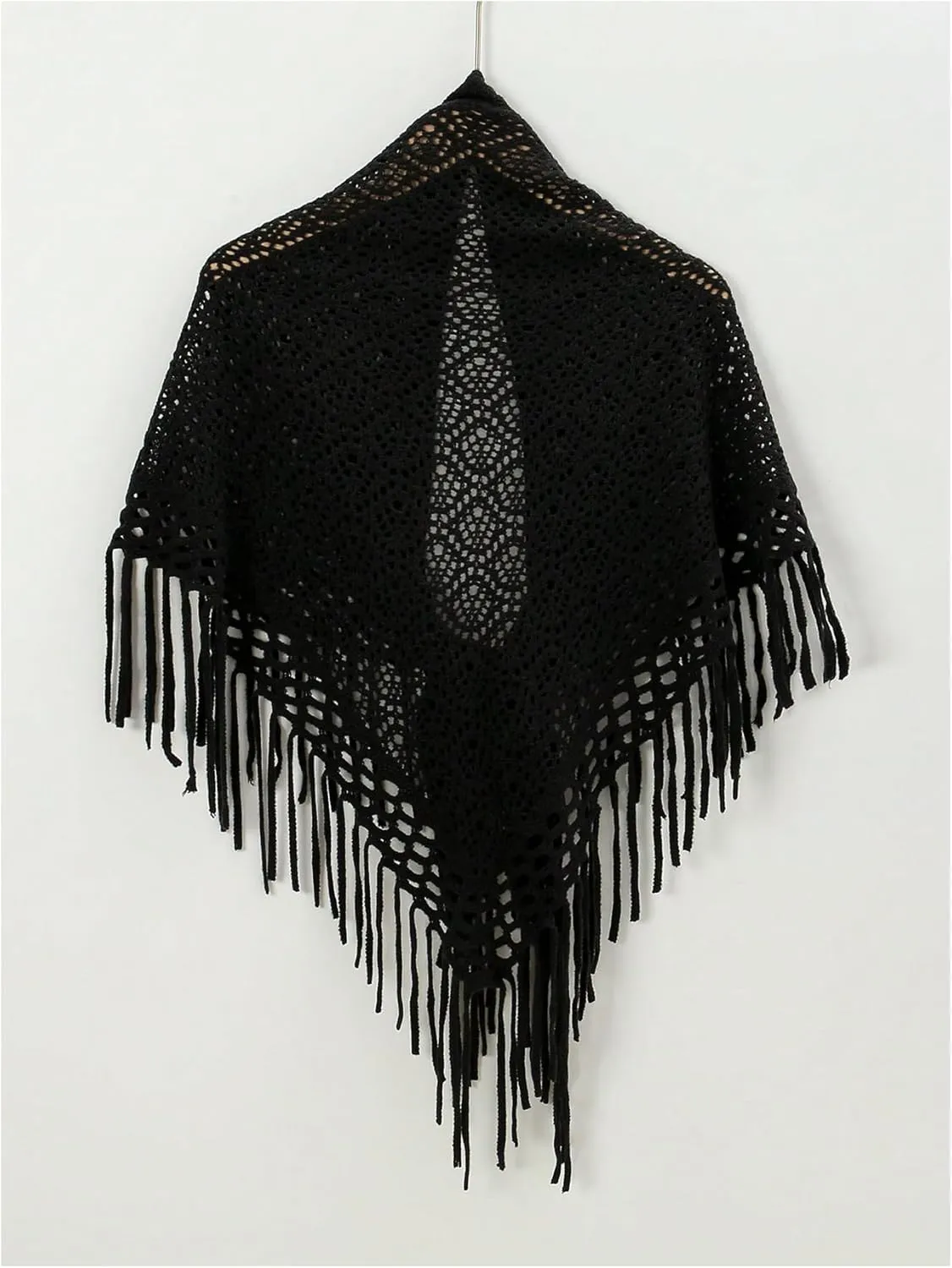 Verdusa Women's Fringe Shrug Sweaters Shawl Front Warp Cardigan Hollow Out Knitted Shawl Wraps