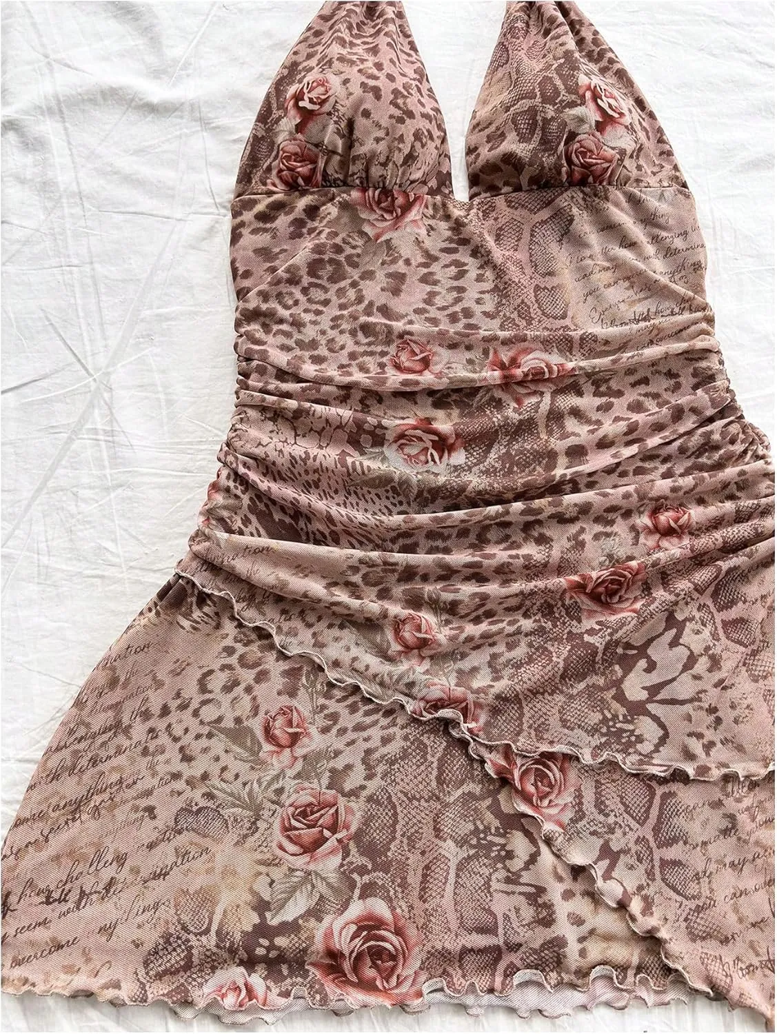Verdusa Women's Vintage Leopard Print Layered Halter Dress Floral Asymmetrical Ruched Backless Mini Dress