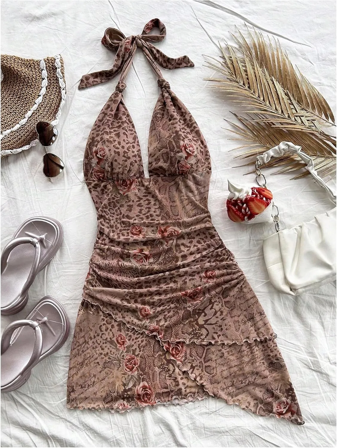 Verdusa Women's Vintage Leopard Print Layered Halter Dress Floral Asymmetrical Ruched Backless Mini Dress