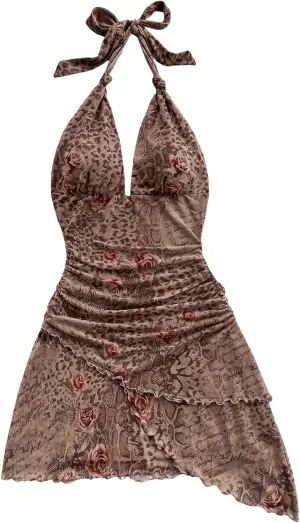 Verdusa Women's Vintage Leopard Print Layered Halter Dress Floral Asymmetrical Ruched Backless Mini Dress