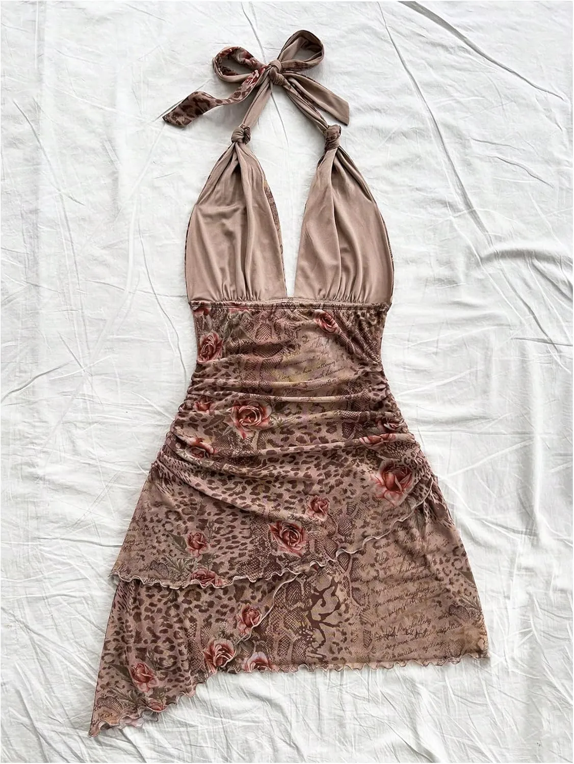 Verdusa Women's Vintage Leopard Print Layered Halter Dress Floral Asymmetrical Ruched Backless Mini Dress