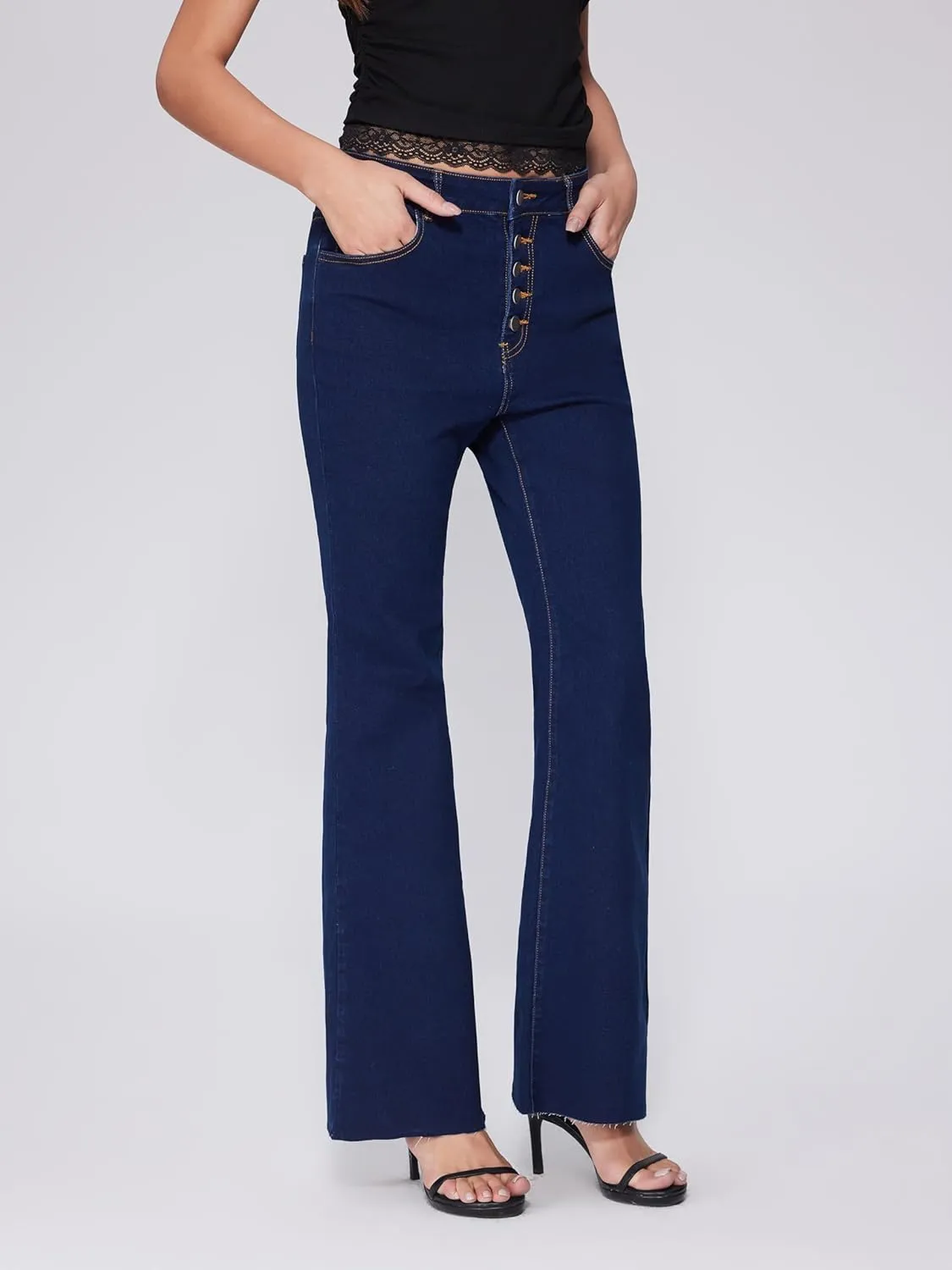 Vinova Flare Jeans for Women Button Down Bell Bottom Stetchy High Waisted Bootcut Denim Pants with Pockets
