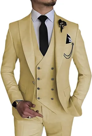 Wangyue 3 Piece Suit Slim Fit Men Suits Double Breasted Wedding Party One Button Blazer Jacket Vest Pants Sets Beige