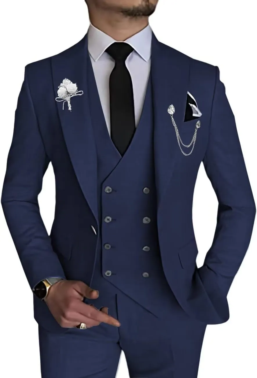 Wangyue Men's 3 Piece Slim Fit Suit Double Breasted Suit Men Formal Suit for Wedding Prom Dinner Party