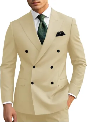 Wangyue Mens Suits Double Breasted Suit Men Slim Fit 2 Piece Wedding Prom Double Breasted Blazer Groom Suit Pants Sets