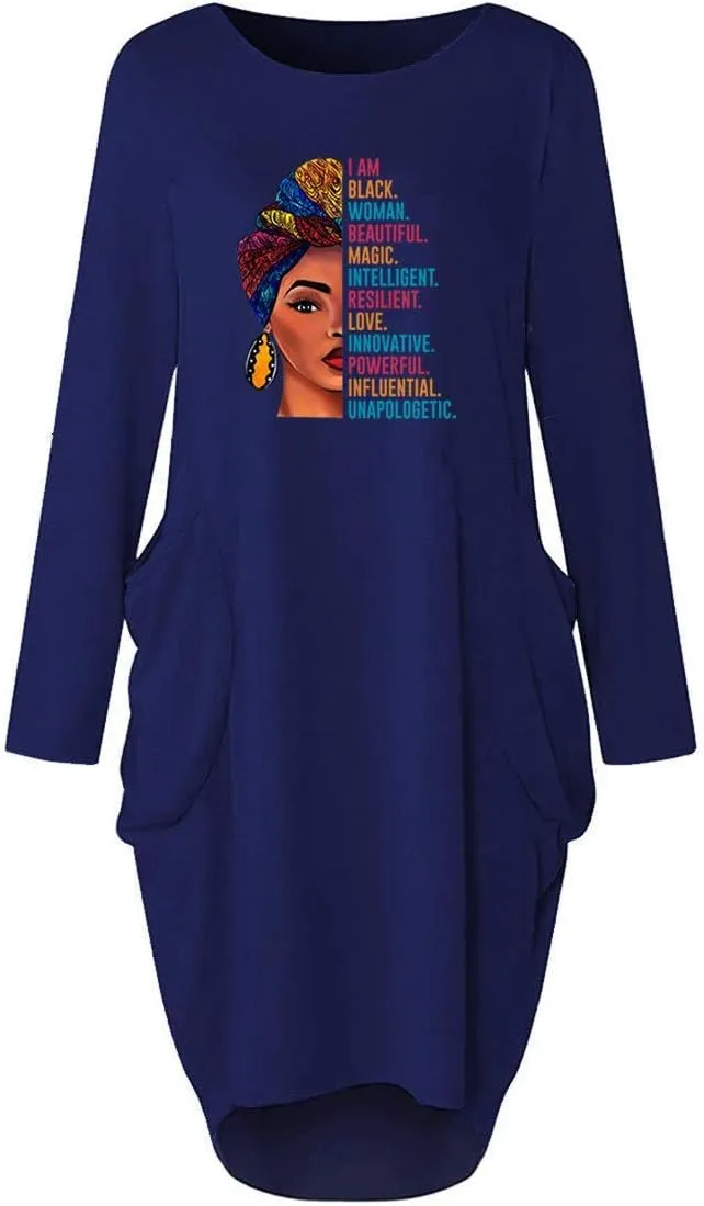WbJetr Black Woman Beautiful Magic Printed Loose Pocket Oversize Tunic T-Shirt Dress