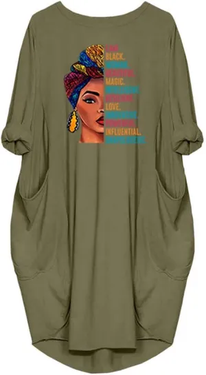 WbJetr Black Woman Beautiful Magic Printed Loose Pocket Oversize Tunic T-Shirt Dress