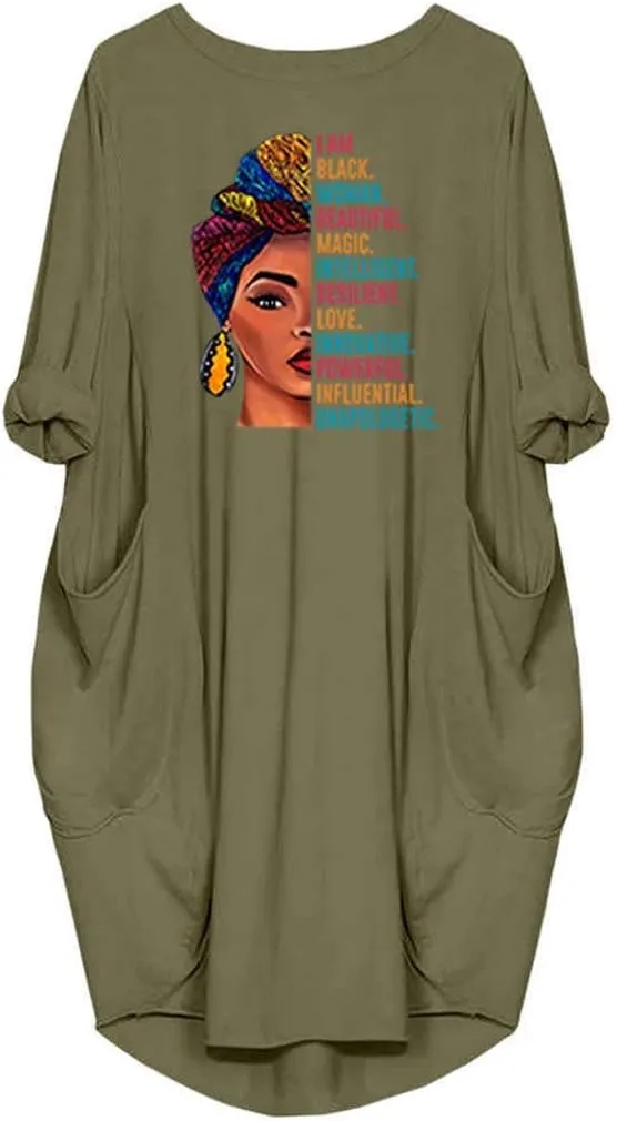 WbJetr Black Woman Beautiful Magic Printed Loose Pocket Oversize Tunic T-Shirt Dress