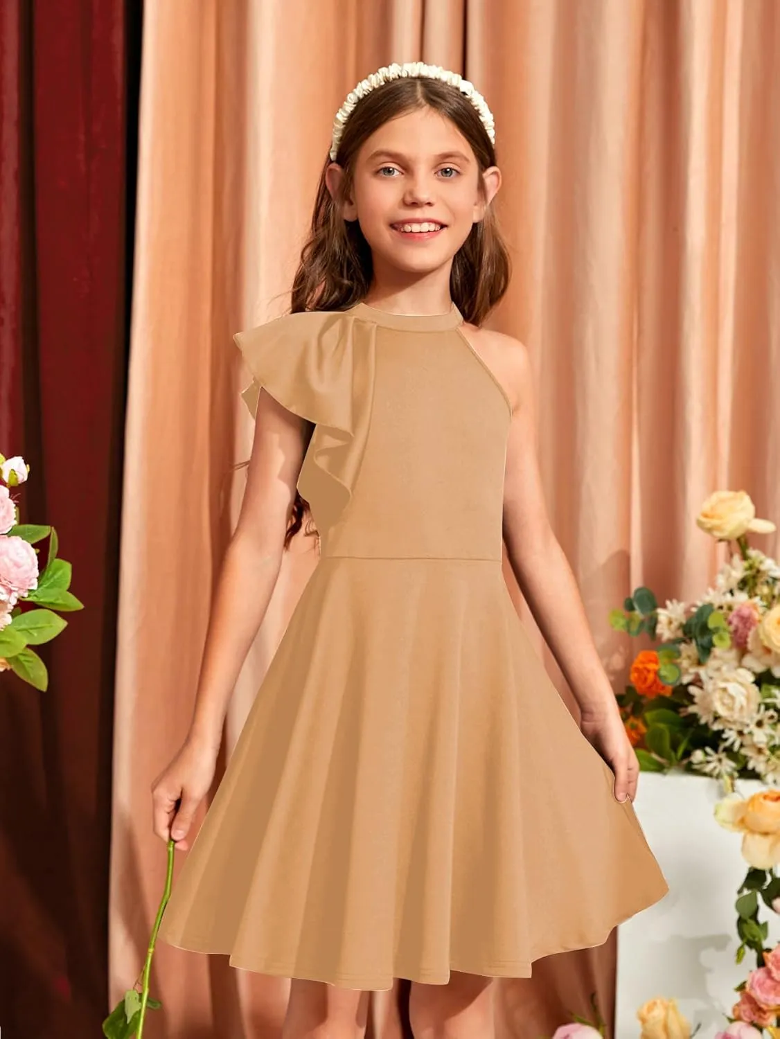 WDIRARA Girl's A Line Flowy Ruffle Sleeveless Asymmetrical Fancy Party Mini Dress
