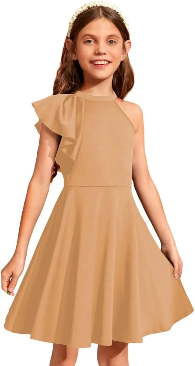 WDIRARA Girl's A Line Flowy Ruffle Sleeveless Asymmetrical Fancy Party Mini Dress