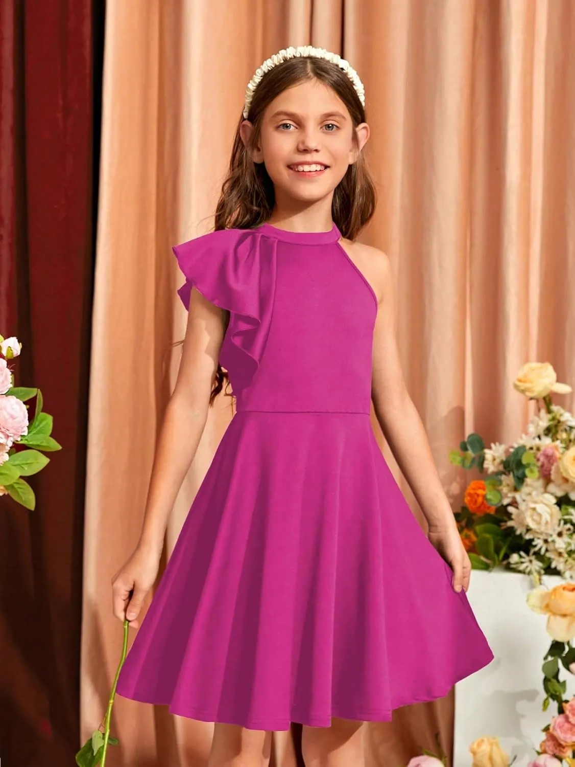 WDIRARA Girl's A Line Flowy Ruffle Sleeveless Asymmetrical Fancy Party Mini Dress