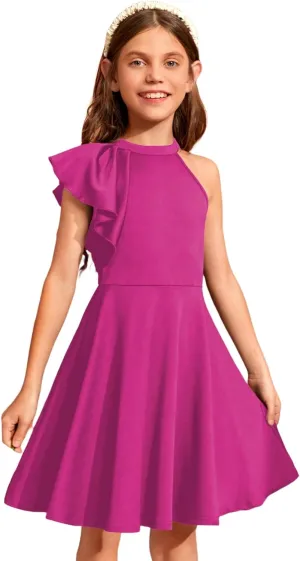 WDIRARA Girl's A Line Flowy Ruffle Sleeveless Asymmetrical Fancy Party Mini Dress
