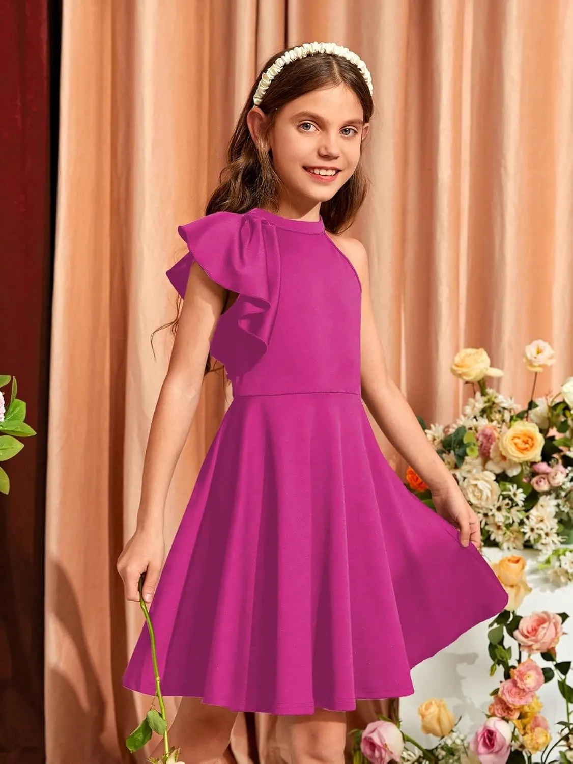 WDIRARA Girl's A Line Flowy Ruffle Sleeveless Asymmetrical Fancy Party Mini Dress